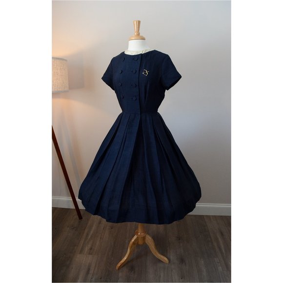 Vintage 1950s Navy A-Line Dress Midi 50s Silk S Sm - Picture 1 of 10